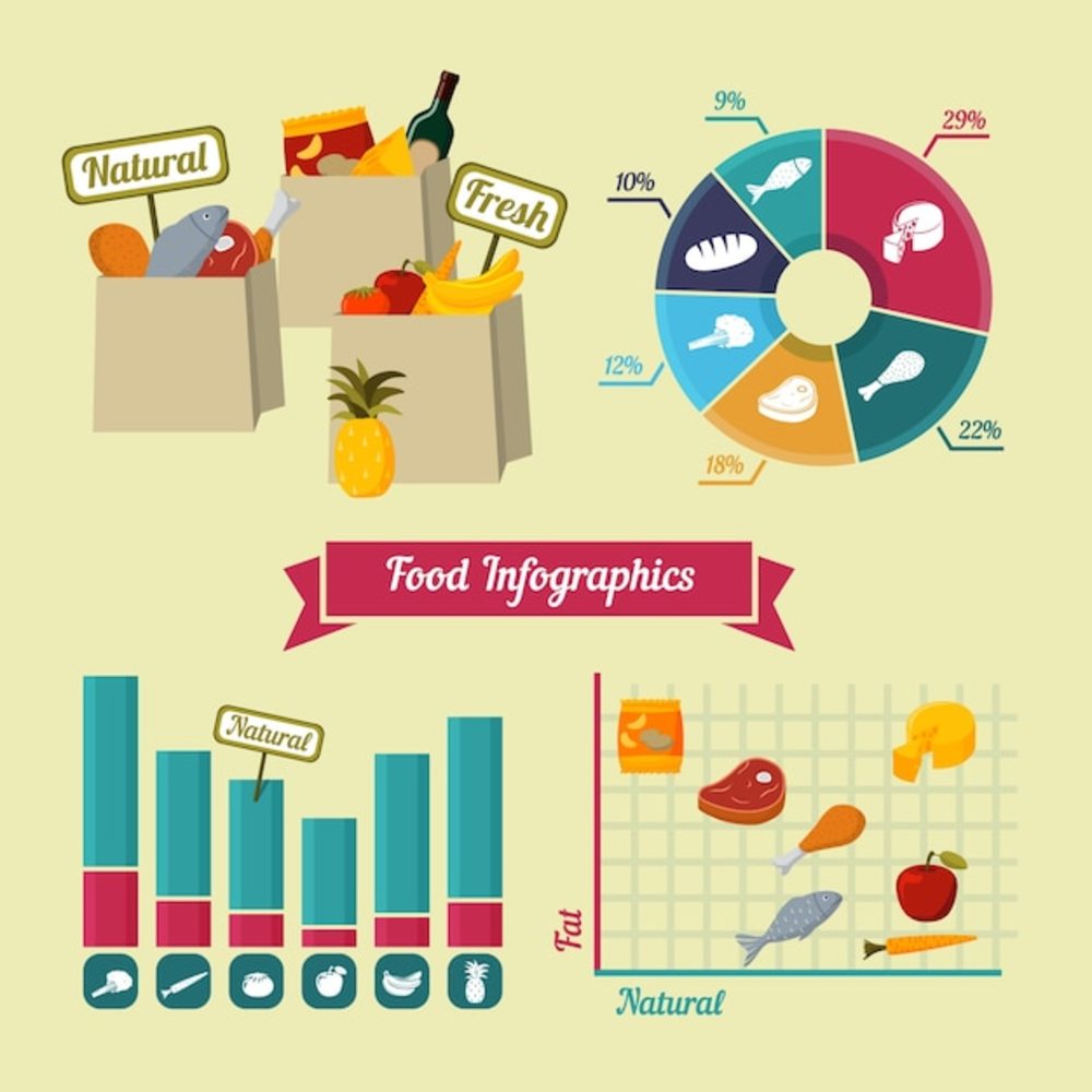 超市食品信息图表展示元素的健康和新鲜产品分离矢量图